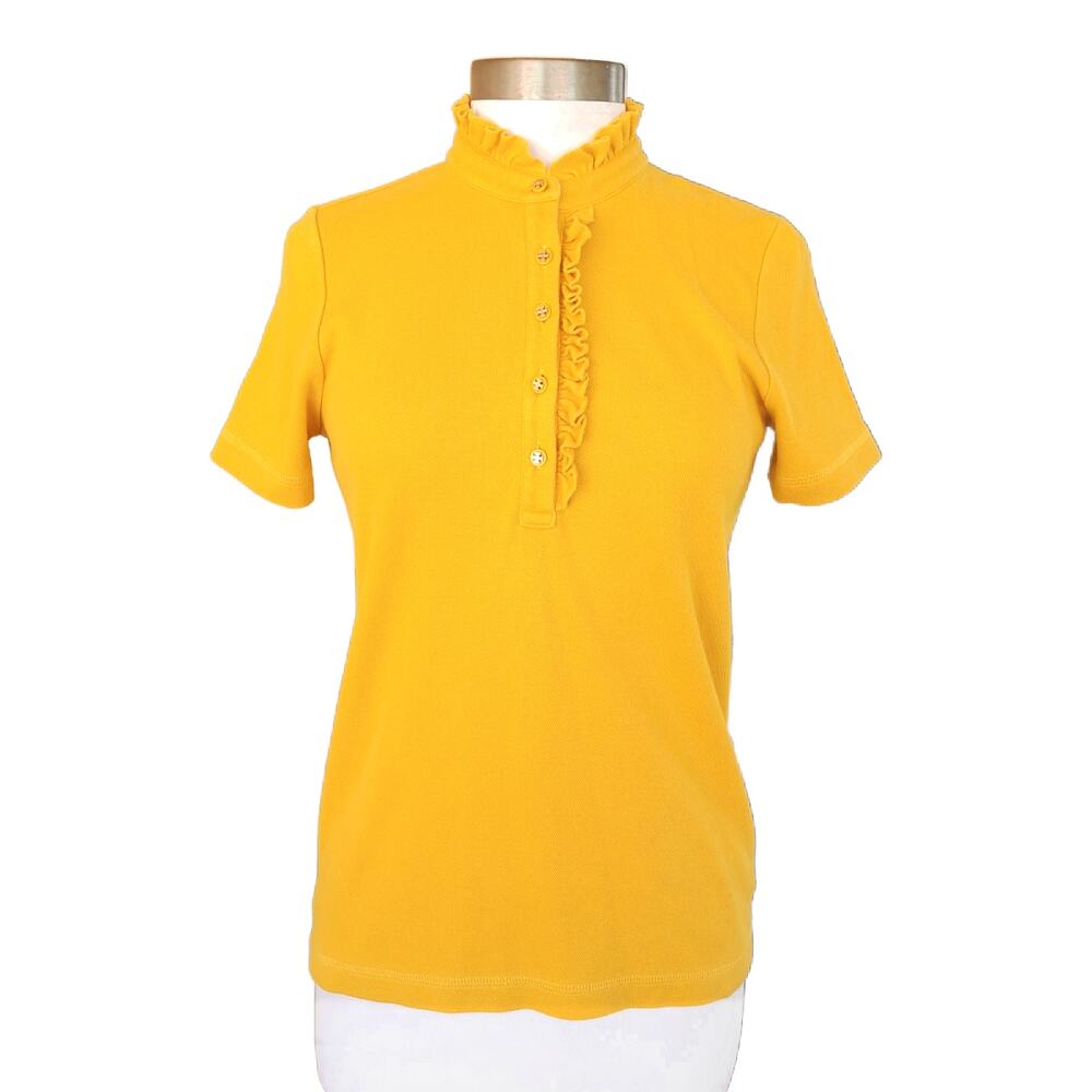 TORY BURCH Lidia Ruffle Polo Top in Saffron Yellow Size Small